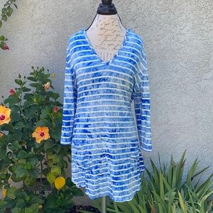 Akini Striped Pullover Tunic Blouse Mini Dress with Pockets and Hood
